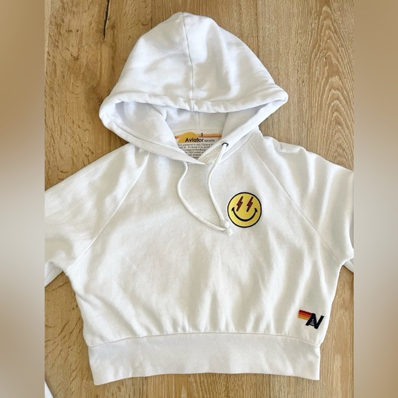 Aviator Nation Smiley Face Lightening Bolt Cropped Hoodie Sweatshirt S White - Picture 2 of 7